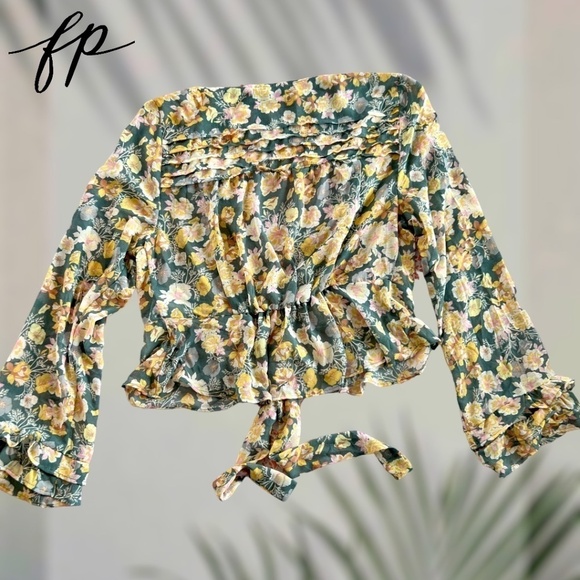 FREE PEOPLE Maybel Tie-Front Ruffled Blouse (Green/Pink) - Picture 11 of 14